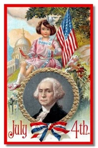 MÄDCHEN FLAGGE GEORGE WASHINGTON - MAGNET VINTAGE POSTKARTE 4. JULI - Bild 1 von 1