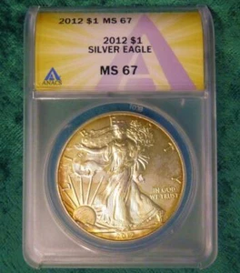 2012 ANACS MS67 Silver Eagle Dollar, 1oz Silver, COLOR TONE, ORANGE, GOLD - Picture 1 of 8