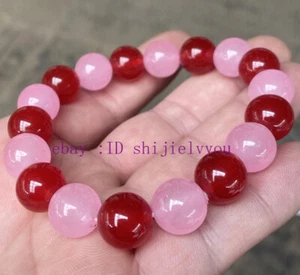 natural Pink Red jade gemstone beads bracelet quartzite healing 12mm 7.5” - Picture 1 of 4
