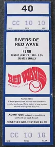 1988 Reno Silver Sox at Riverside Red Wave California League Baseball Ticket - Bild 1 von 2