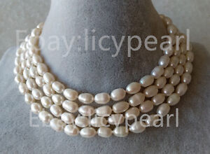 4rows 7-9mm genuine cultured white fresh water pearl Bridesmaid bride necklace