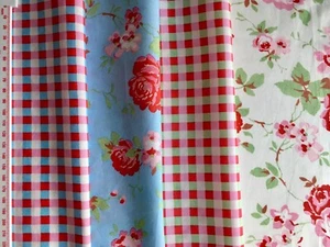 Cath Kidston IKEA 4 * 25cm Square Rosali Rose & Check Gingham Cotton Fabric New - Picture 1 of 13