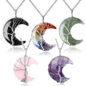 Crescent Moon Shape Gift Wire Wrap Necklace Stone Chakra Natural Crystal Pendant - Foto 1 di 18