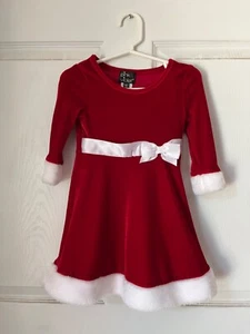 Velvet Red girls dress with White satin bow and fur accent on wrist and hem - Picture 1 of 2