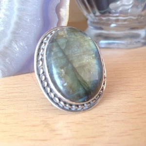 Vintage Silver Statement Ring with Natural Labradorite Gem Stone Large - Picture 1 of 10