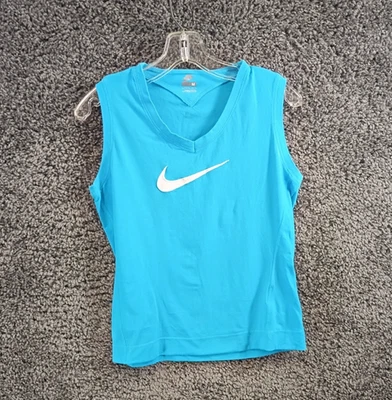 Nike Майка женщин средний синий без рукавов v-образным вырезом Athletic логотип тренировки рубашка. - Изображение 1 из 4