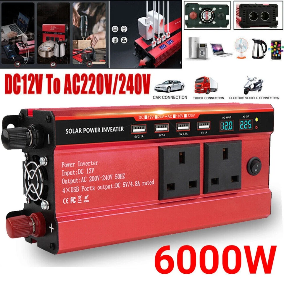 6000W Car Power Inverter Converter DC 12V to AC 240V 4 USB 2 UK Socket Sine Wave - Image 1 of 4