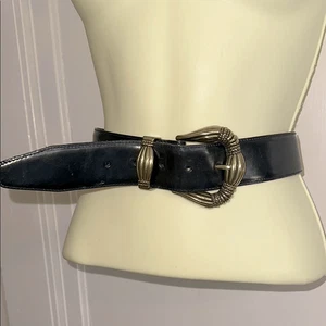 Vintage 1994 Brighton Wide Black Leather Belt with Ornate Gold Buckle - Picture 1 of 9