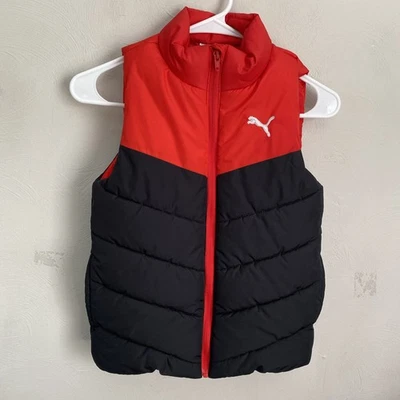PUMA Niños S 7/8 Cremallera Completa Chaleco Puffer Chaqueta Negro Rojo Blanco Logo Cremallera Completa Foto 1 de 4