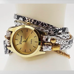 Geneva Women’s Wrap Watch, Gold Dial, Silver Faux Snakeskin Multi-Strap Bracelet - Picture 1 of 6