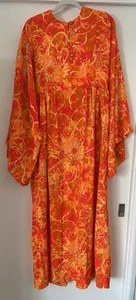 Vintage 70s Hawaii Nei Flowing Maxi Dress Big Sleeve Orange Yellow Size Large - Picture 1 of 5