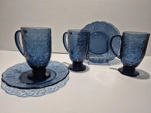 Princess House Fantasia Blue Glass Mugs x3 & Plates x3 Set - Picture 1 of 6