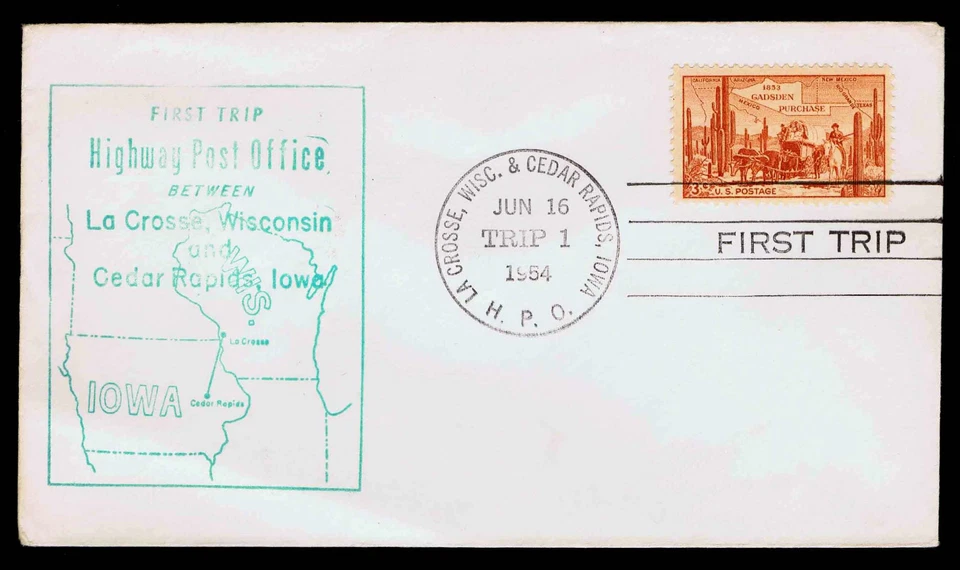 US #1028 ON 1954 H.P.O. 1ST TRIP COVER LA CROSSE WISC CEDAR RAPIDS IA (ESP#501) - Image 1 of 1