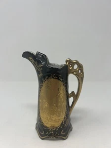 Renaissance Hand Painted Black with Gold Trim Creamer Milk Jug Fairy Design - Picture 1 of 13