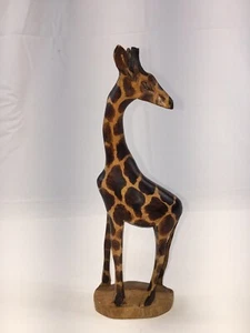 Wood Art Hand Carved & Painted Giraffe Sculpture Figurine Kenya 8” Tall BrwnBase - Picture 1 of 8