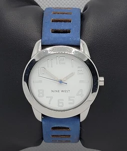 Ladies Nine West Fashion Trendy Round Silver Tone Blue Leather Strap Watch J9 - Picture 1 of 9