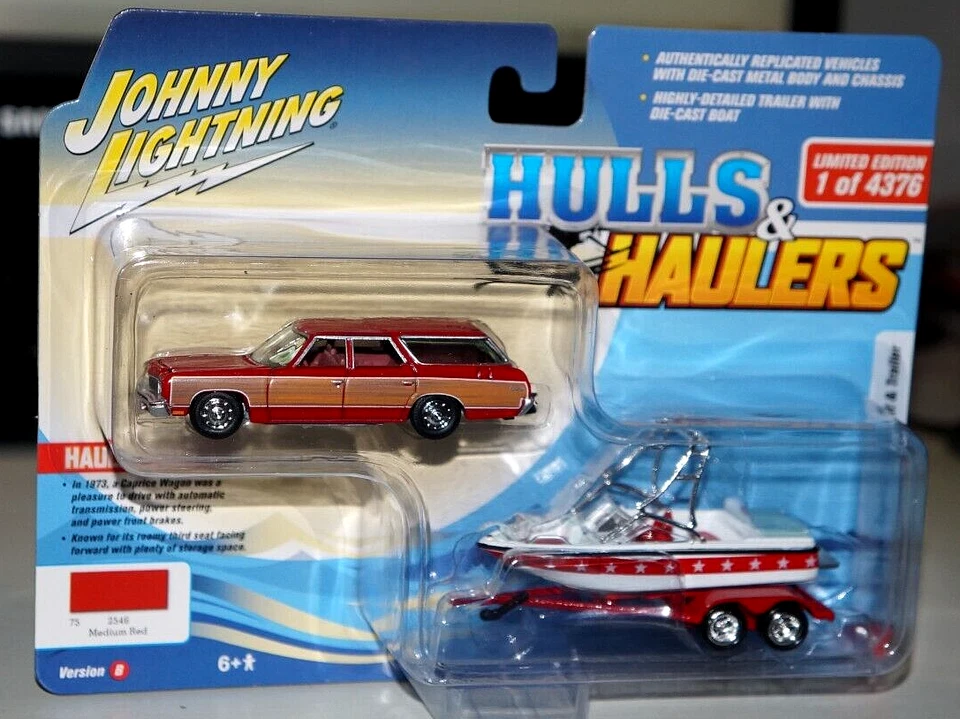 Chevy Caprice 1973 '73 rojo con remolque para barco cascos y transportistas Johnny Lightning nuevo Foto 1 de 1