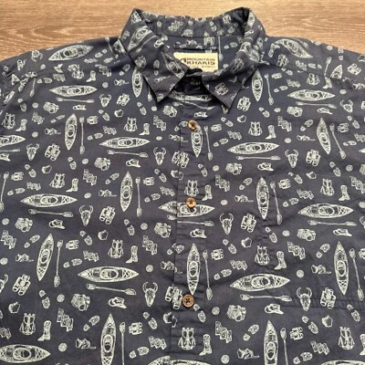 Mountain Khakis Shirt Men XL Blue Western kayak All Over Print 100% Camp Cotton - Image 1 of 4
