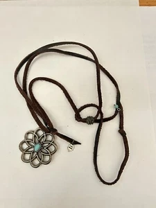 Lucky Brand Turquoise Silver Flower Pendant Leather Cord Necklace Slider B10 - Picture 1 of 3