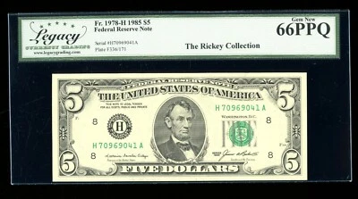 DBR 1985 $5 FRN St. Louis Gem Fr. 1978-H Legacy 66 PPQ Serial H70969041A - Image 1 of 2