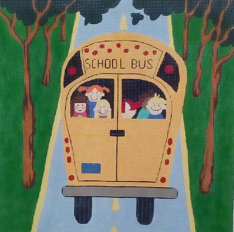 Needlepoint HP handpainted canvas YELLOW SCHOOL BUS kids back window 13"x13" 13m - Image 1 of 4