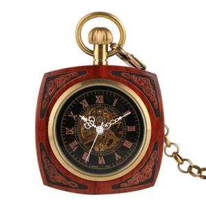 Men Vintage Mechanical Pocket Watch Chain Automatic Square Wood Dial Fob Watches - Picture 1 of 8