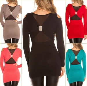 Koucla Damen Longpullover Pullover mit cut outs und Strass