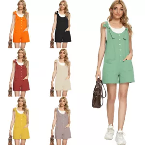 Women Cotton Linen Playsuit Shorts Overalls Dungarees Pocket Jumpsuit Beach - Picture 1 of 42