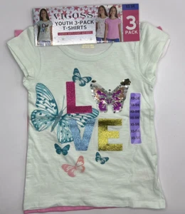 Girls Size XS (5/6) Vigoss 3-Pack Short Sleeve Tees T-Shirts Hearts Butterflies - Picture 1 of 5