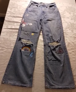Tinseltown Jeans Damen 7 Hi Rise Wide Leg Butterfly Print Distressed Flare - Bild 1 von 13