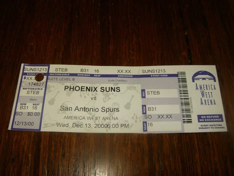 Phoenix SUNS vs. San Antonio SPURS  FULL TICKET.  Robinson, Duncan !  12/13/2000 Cover