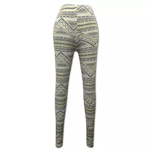 LADIES WOMENS GOLD FOIL PRINT AZTEC TRIBAL STRETCHY LEGGINGS OFF WHITE BLACK - Picture 1 of 1