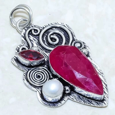 Colgante de joyería de plata hecho a mano de rubí facetado, piedras preciosas granate 2,2" PRJ12612 Foto 1 de 2
