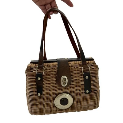Vtg 60s British Wicker Basket Purse Leather Bamboo Woven Lunch Box Geisha Bag - Image 1 of 4