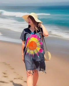Womens Handmade Black Tie Dye Beach Covers Dress Boho Hippie Fits SML Cotton - Picture 1 of 11