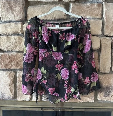 Blusa feminina vintage anos 90 Hot Kiss feita nos EUA tamanho S glitter floral amarrar nas costas - Imagem 1 de 4