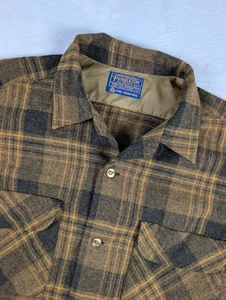 Vtg Pendleton Wool Board Shirt Mens Medium Yellow Black Plaid Loop Collar USA - Picture 1 of 11