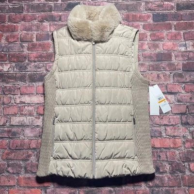 NEW Calvin Klein Women Faux Fur Collared Zip Quilted Puffer Vest SZ S Beige W/ T - Image 1 of 4