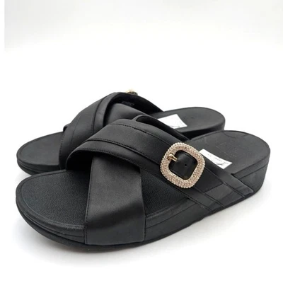 FitFlop LULU Crystal Buckle Leather Cross Slides Sandals Black Size US9 EU41 - Image 1 of 4