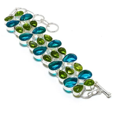Schweizer Blau Topas, Peridot Edelstein Handgemacht 925 Sterlingsilber Armband - Bild 1 von 4