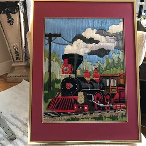 VINTAGE LARGE STEAM TRAIN CREWEL PICTURE FRAMED DOUBLE MATTED - Picture 1 of 6
