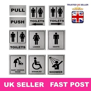 Door Sign Push Pull Toilet Flush Aluminium Plaque Office Shop Retail Restaurant - Picture 1 of 29