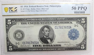 Fr853 1914 $5 PHILADELPHIA FRN BURKE GLASS PCGS 50 PPQ ABOUT UNCIRCULATED NICE! - Picture 1 of 4