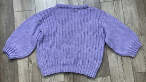 Hand Knitted Soft Chunky Knit Violet Wide Sleeves Jumper Sz L P2P 26” Unworn #T7 - Picture 1 of 10