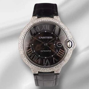 Cartier Ballon Bleu 42mm Iced 4ct Diamonds Steel Mens Watch Roman Auto 3765 - Picture 1 of 9