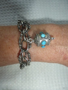 Antique Sterling Silver Fancy Charm Bracelet W/Turquoise Charm Marked 7.5" - Picture 1 of 19