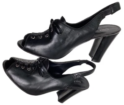 *Enzo Angiolini  Sz 10 M  Mylist Lace Up Open Toe Slingback Heel Leather Black Foto 1 de 4
