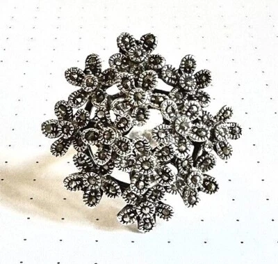 (SIZE 6,7,8,9) Large MARCASITE FLOWERS Bouquet Cluster RING .925 STERLING SILVER - Image 1 of 4