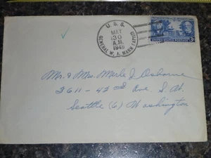 1949 USS General W.A. Mann(AP1122) 4-bar cancel to Seattle, WA - Picture 1 of 3