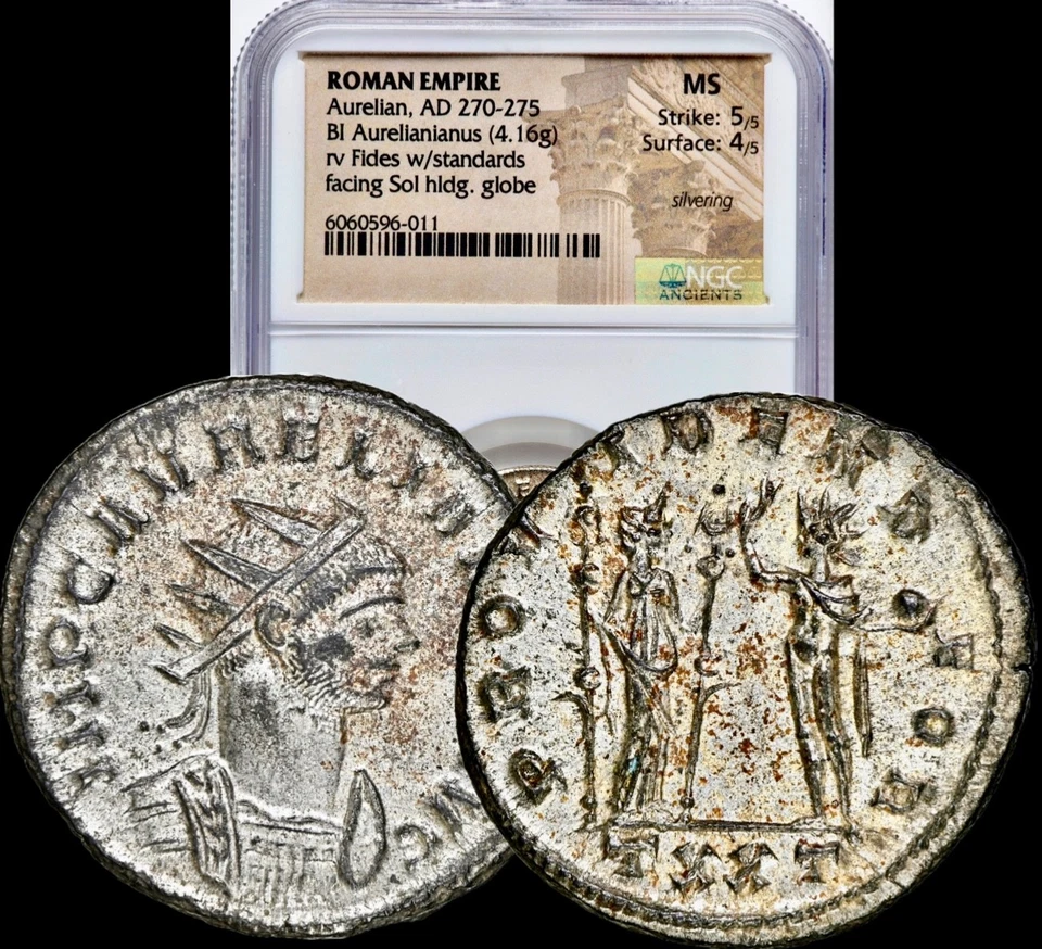 270-275 AD Aurelian Ancient Roman BI Antoninianus Ticinum Mint NGC MS Silvering - Image 1 of 4